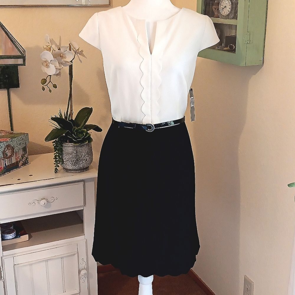 NWT. Tahari ASL Black and White Scalloped Dress.